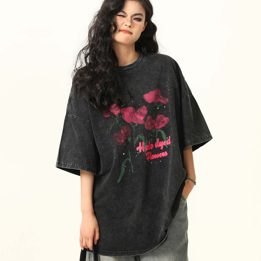 水洗做舊玫瑰印花短袖T恤女夏季寬鬆潮牌街頭上衣