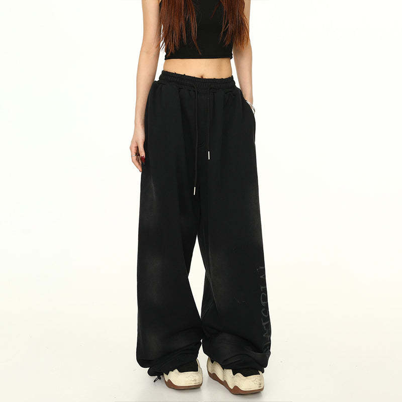 美式寬鬆闊腿衛褲女塗鴉廢土風高街褲子嘻哈長褲