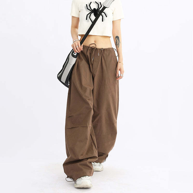 美式闊腿抽繩傘兵工裝褲女寬鬆低腰休閒百搭長褲