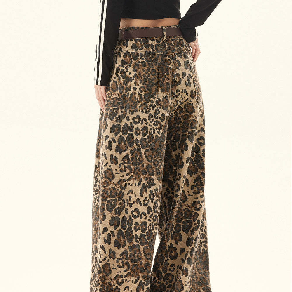 美式復古街頭寬鬆闊腿豹紋褲女寬鬆大碼潮牌嘻哈街舞褲