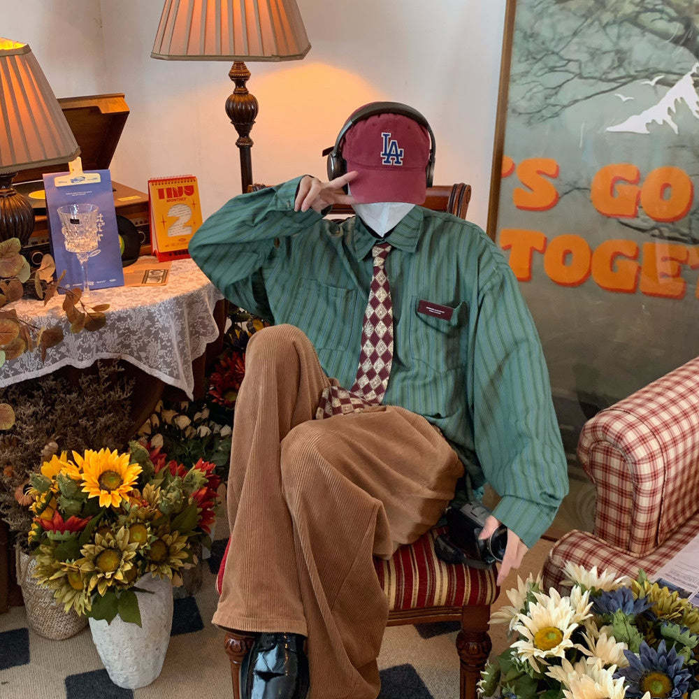 日系復古豎條紋襯衫秋裝新款寬鬆慵懶襯衣防曬長袖