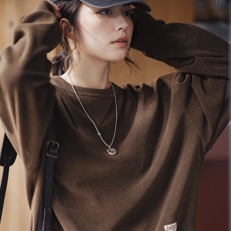 馬登女裝 美式復古雪尼爾衛衣女秋套頭長袖打底衫微落肩圓領上衣