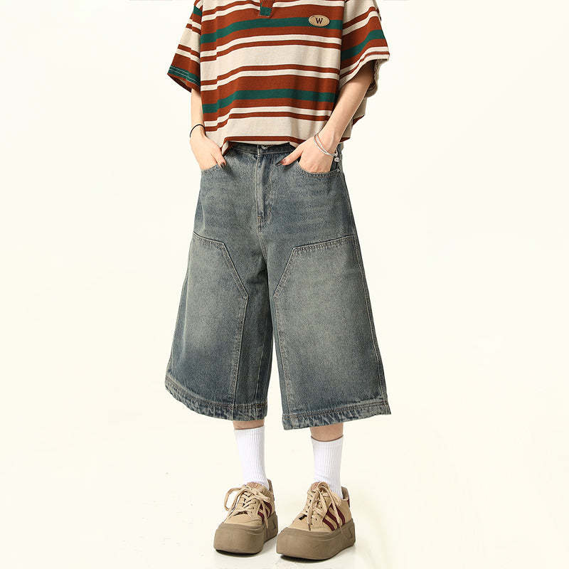 美式復古街頭水洗牛仔短褲女直筒褲闊腿潮牌百搭七分褲