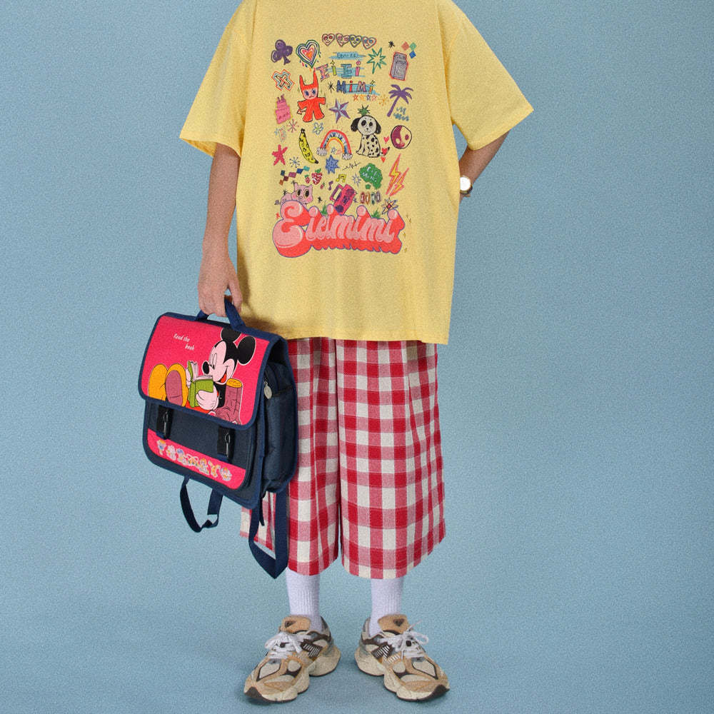 日系復古格子寬鬆休閒男女夏季鬆緊褲百搭闊腿情侶七分褲