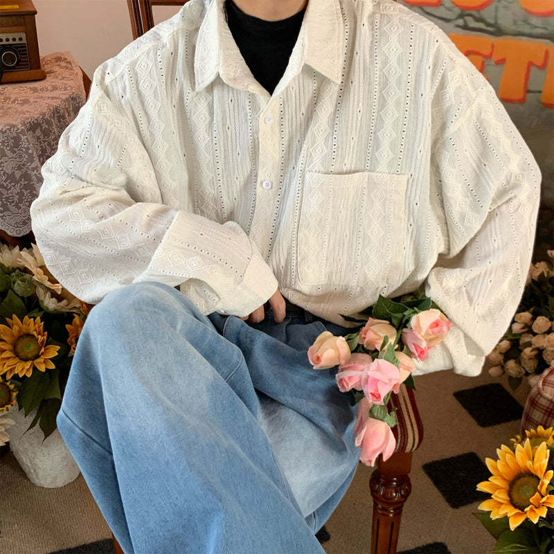 法式復古鏤空長袖襯衫秋季慵懶風小眾設計感寬鬆潮流襯衣