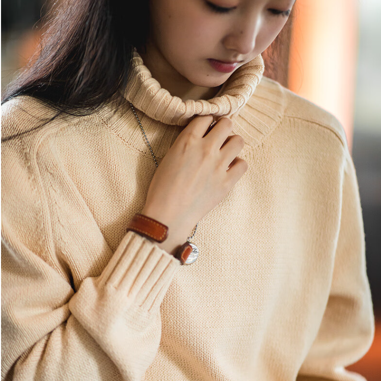 馬登女裝 麥穗針織毛衣純色慵懶風秋冬保暖針織衫堆堆高領寬鬆上衣