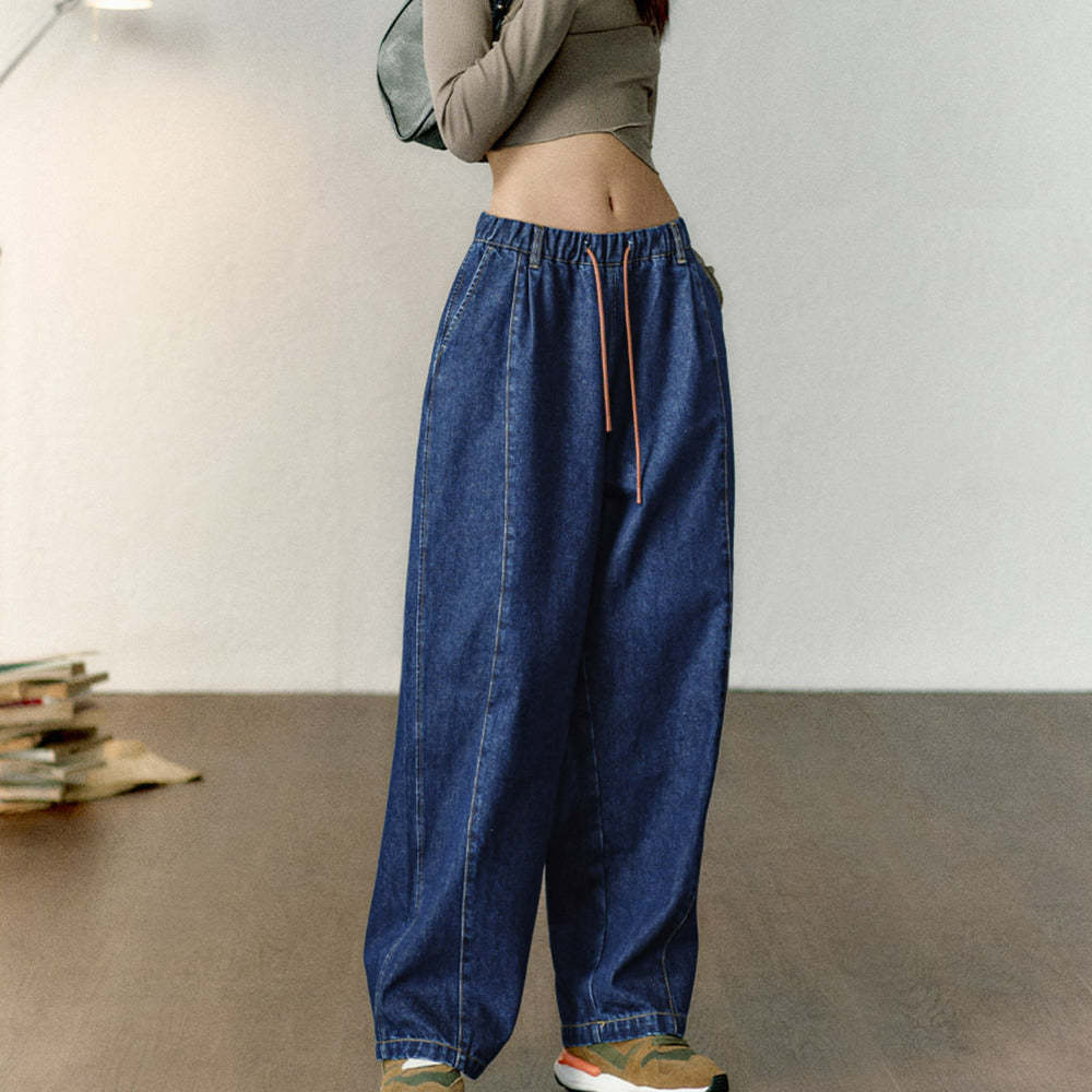 馬登女裝 寬鬆直筒解構香蕉牛仔褲鬆緊腰抽繩闊腿褲加長鬆弛感褲子