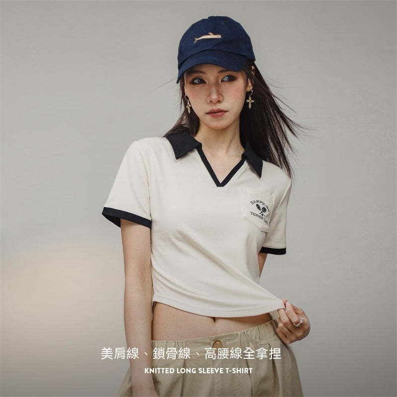 馬登女裝 復古V領Polo衫正肩顯瘦短袖修身T恤小眾設計老錢風撞色上衣
