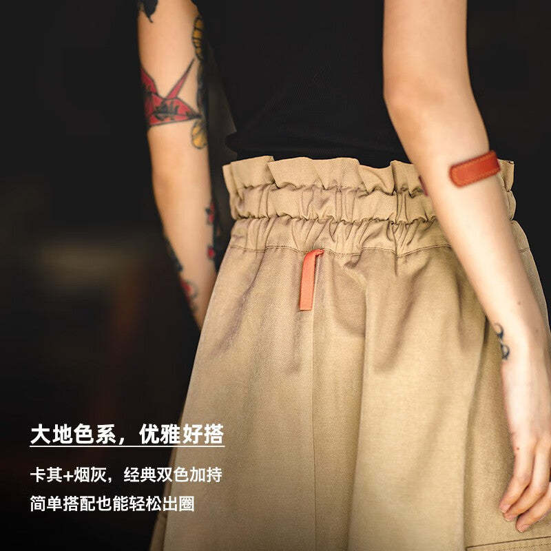 馬登女裝 復古半身長裙子高腰顯瘦A字裙百搭口袋工裝傘裙