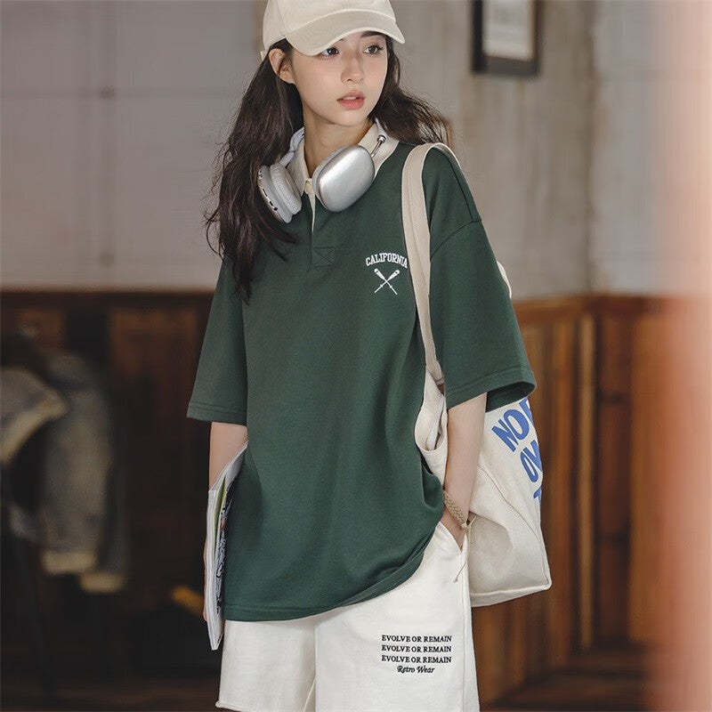 馬登女裝 美式復古翻領短袖學院風寬鬆polo打底衫顯瘦情侶T恤