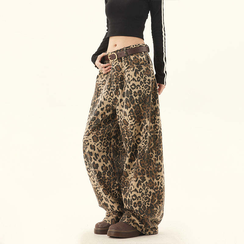 美式復古街頭寬鬆闊腿豹紋褲女寬鬆大碼潮牌嘻哈街舞褲