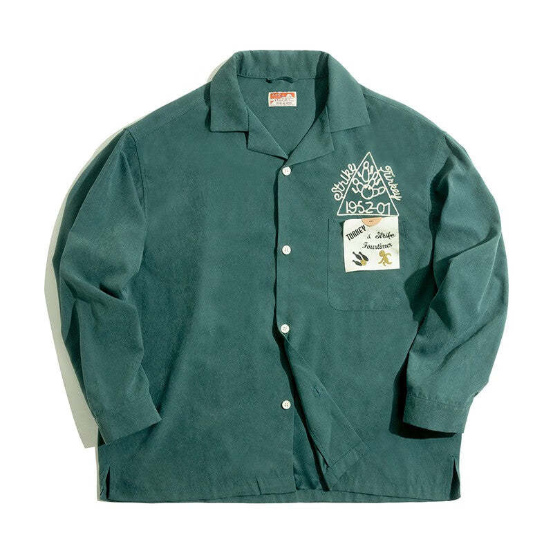 馬登女裝 美式復古磨毛刺繡襯衫桃皮絨寬鬆翻領保齡球襯衣女潮夏