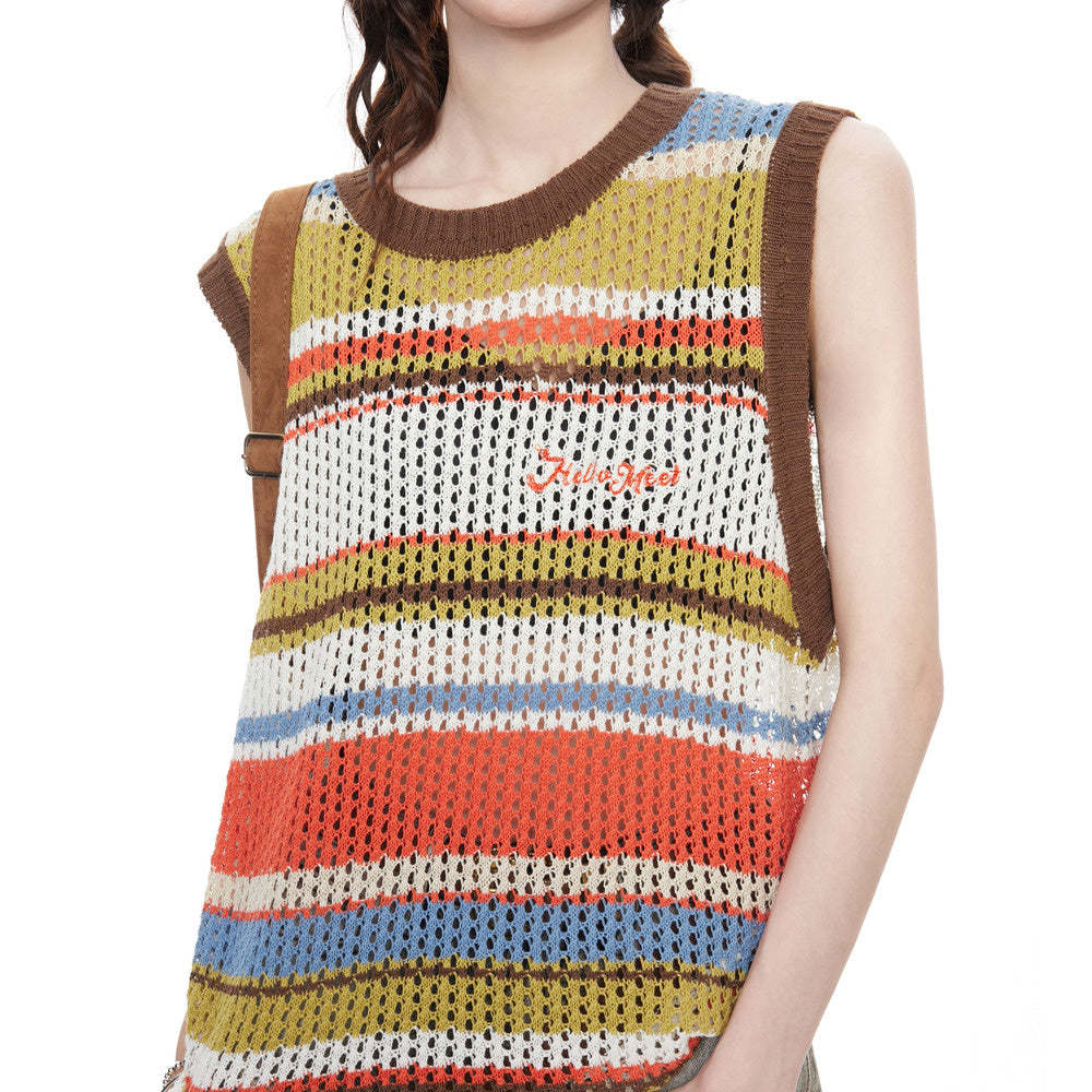 美式復古鏤空條紋針織吊帶背心女夏季多巴胺內搭辣妹無袖外穿上衣