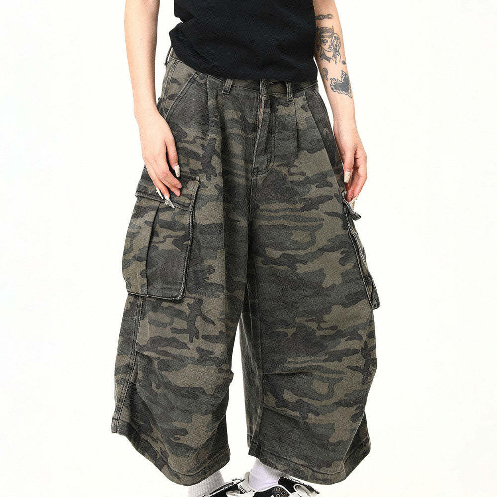 美式復古迷彩工裝褲女寬鬆直筒闊腿七分短褲