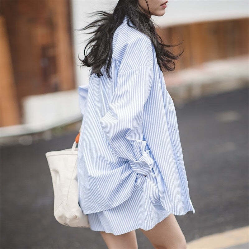 馬登女裝 藍白條紋休閒短褲A字版純棉寬鬆顯瘦高腰運動闊腿褲