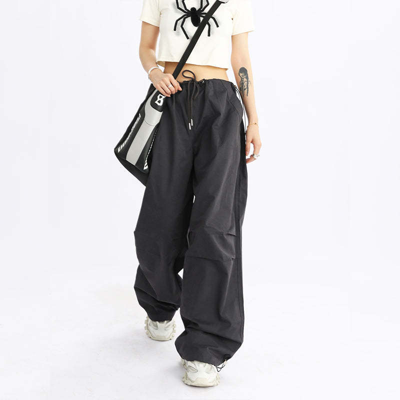 美式闊腿抽繩傘兵工裝褲女寬鬆低腰休閒百搭長褲