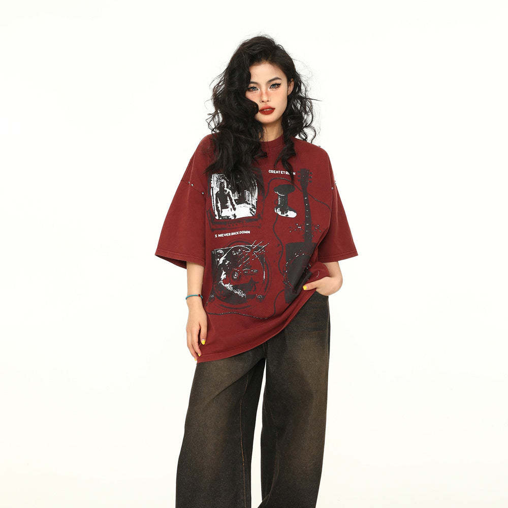 美式街頭酒紅色復古短袖T恤女寬鬆oversize上衣