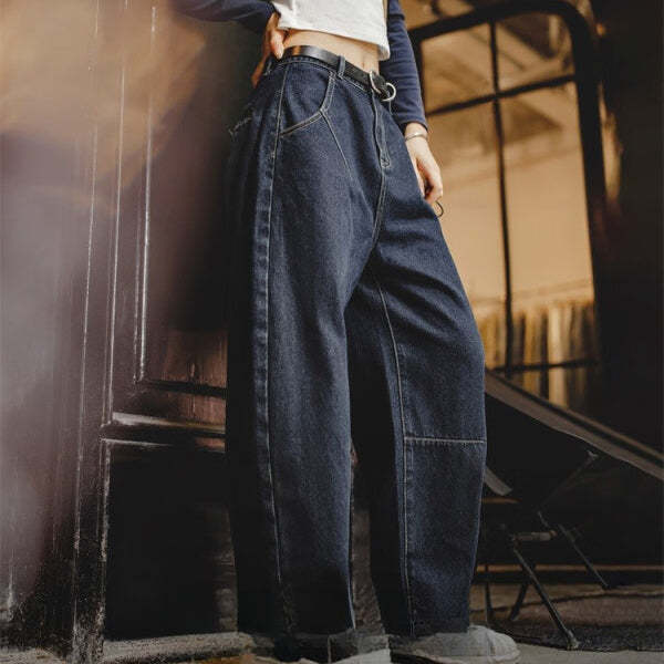 馬登女裝 美式復古丹寧牛仔褲休閒高腰直筒長褲子顯瘦蘿蔔闊腿褲秋冬