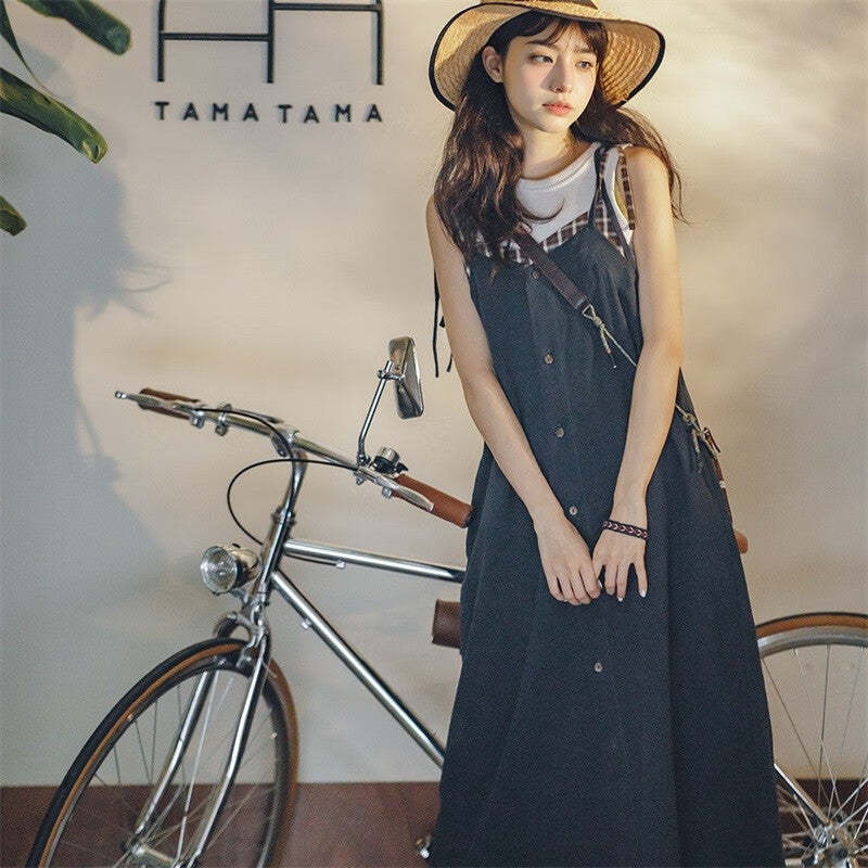 馬登女裝 復古格紋拼接背帶裙顯瘦A字寬鬆吊帶連衣長裙無袖