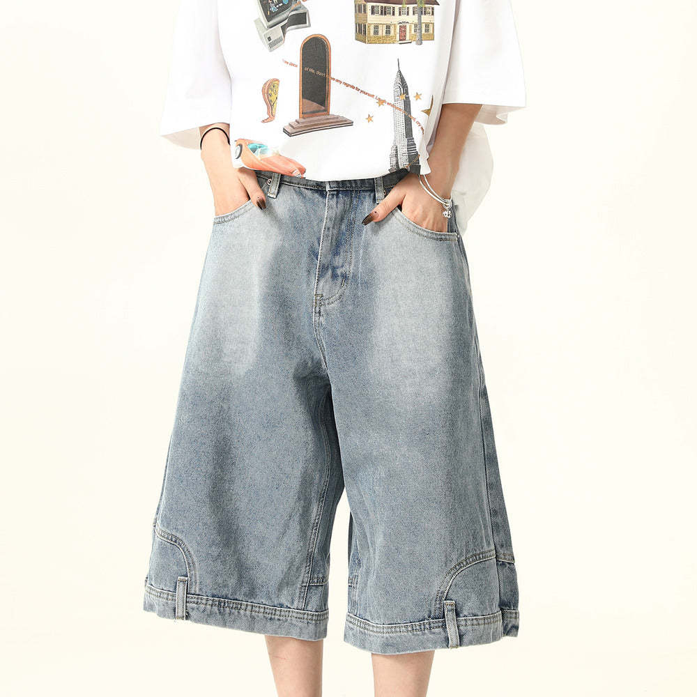 美式復古設計感倒裝牛仔短褲女水洗闊腿復古寬鬆七分褲