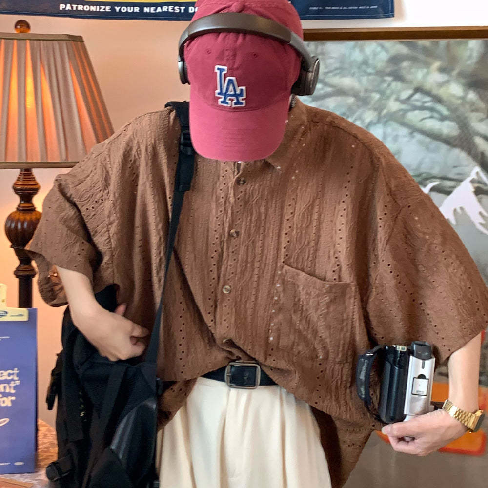 日系復古簡約慵懶鏤空短袖襯衫夏輕奢設計感小眾中性襯衣