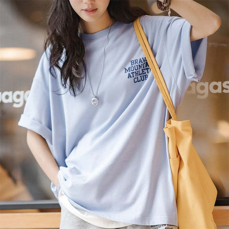馬登女裝 美式休閒馬卡龍純色短袖T恤寬鬆純棉字母印花情侶套頭衫