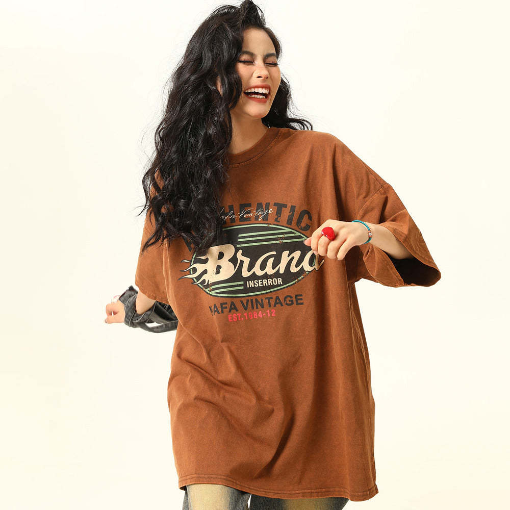 夏季新款美式水洗深棕色短袖T恤女寬鬆TEE