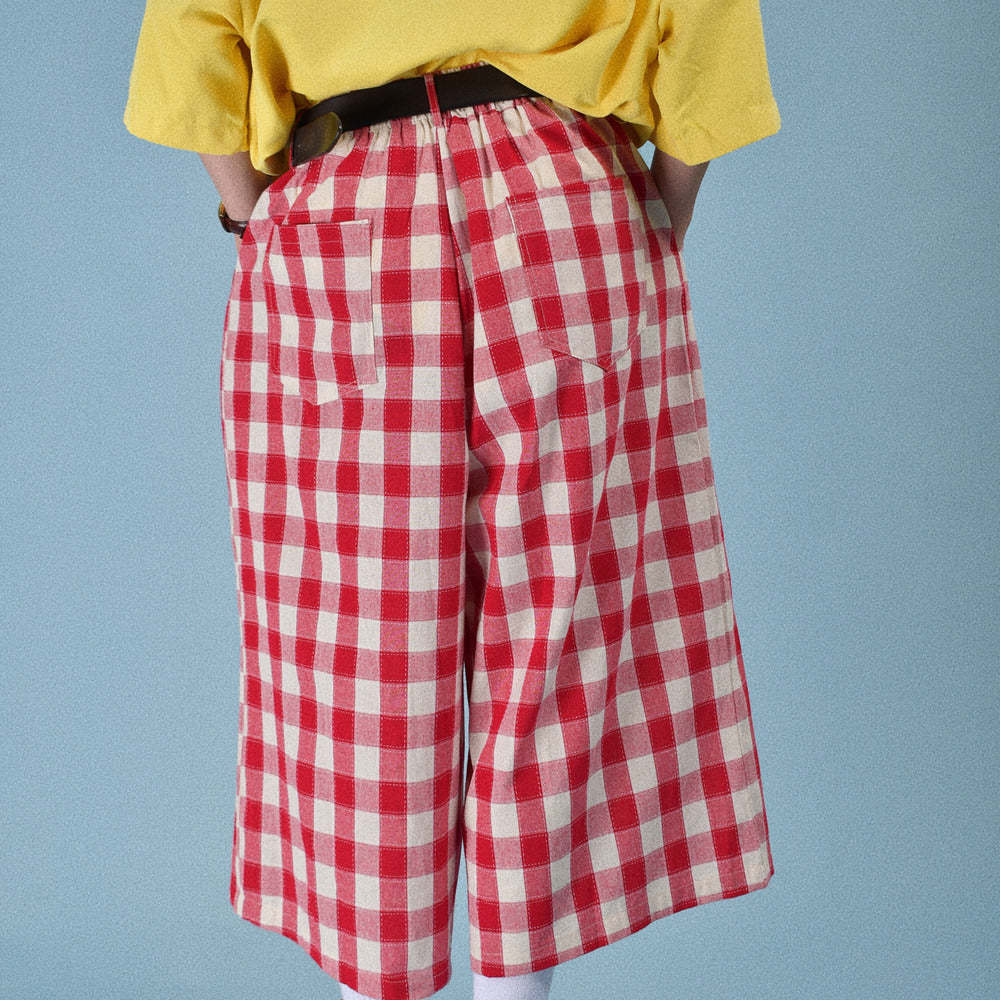 日系復古格子寬鬆休閒男女夏季鬆緊褲百搭闊腿情侶七分褲