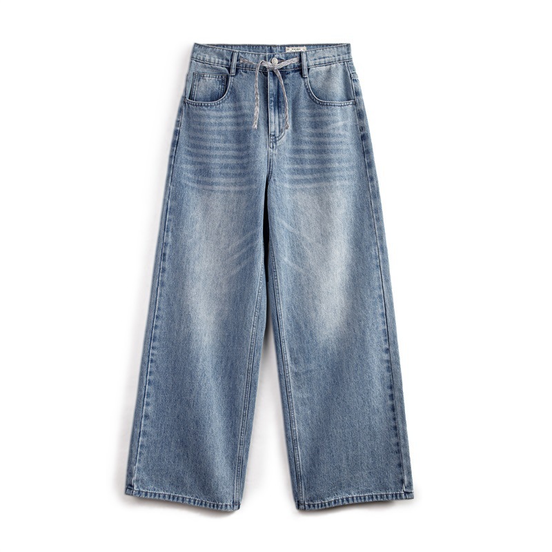 馬登女裝 淺藍色闊腿牛仔褲復古抽繩直筒褲遮肉顯瘦垂感休閒長褲夏季女