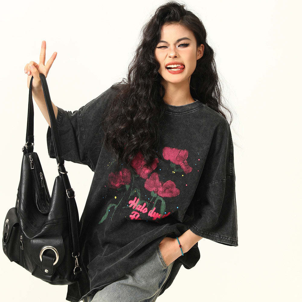 水洗做舊玫瑰印花短袖T恤女夏季寬鬆潮牌街頭上衣