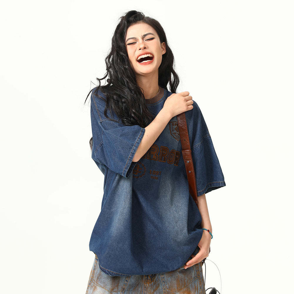 美式復古重工刺繡水洗牛仔短袖T恤女寬鬆夏半袖