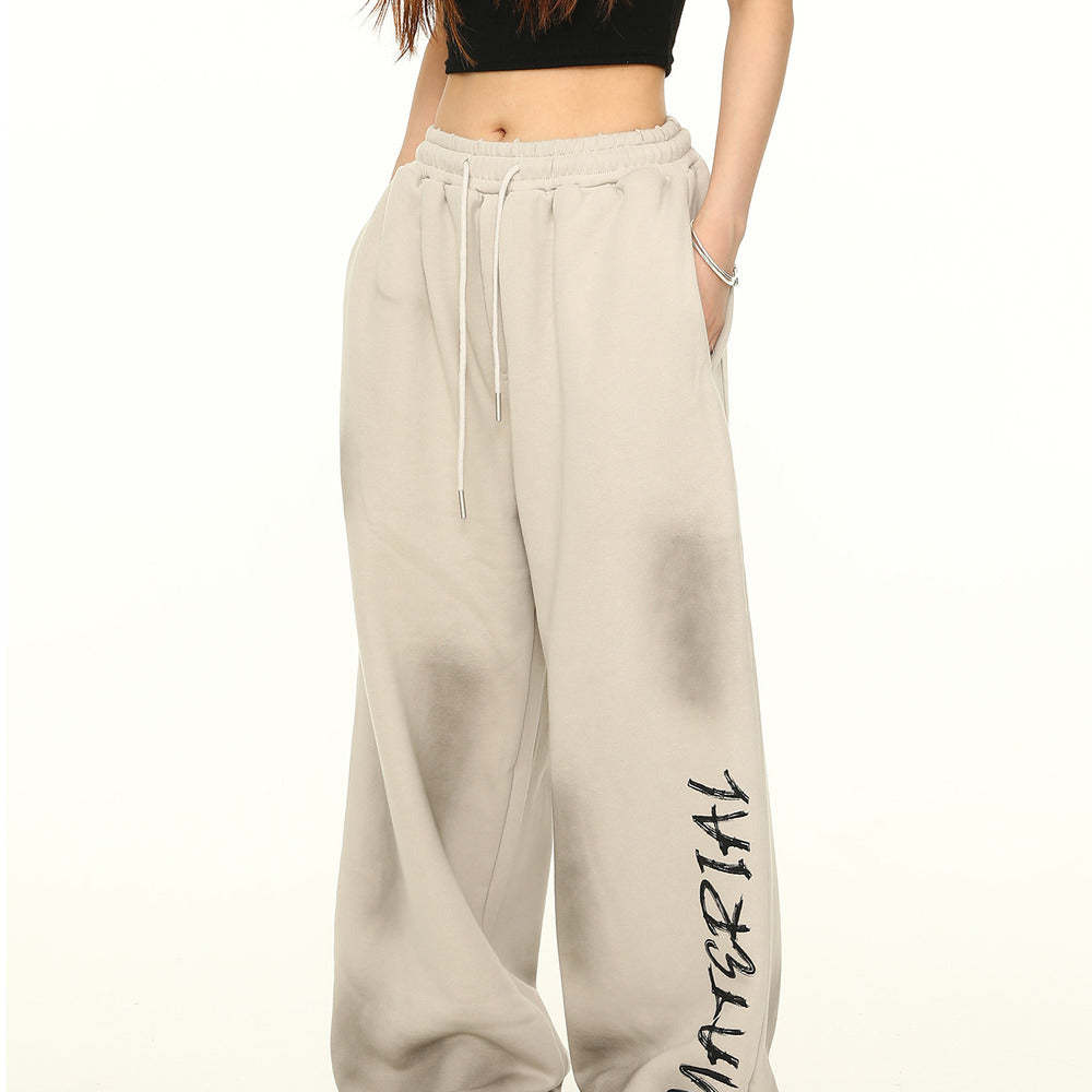 美式寬鬆闊腿衛褲女塗鴉廢土風高街褲子嘻哈長褲