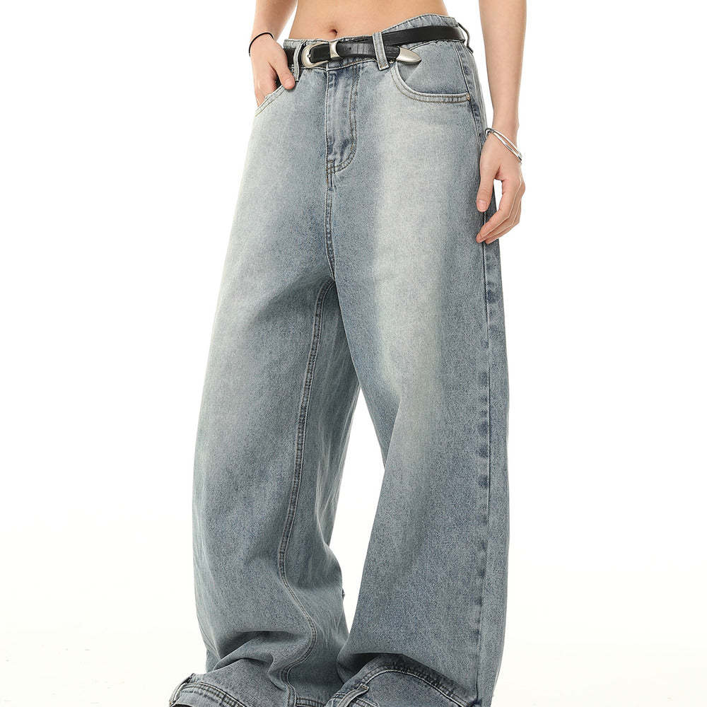 美式復古設計感倒裝牛仔褲女水洗闊腿寬鬆長褲