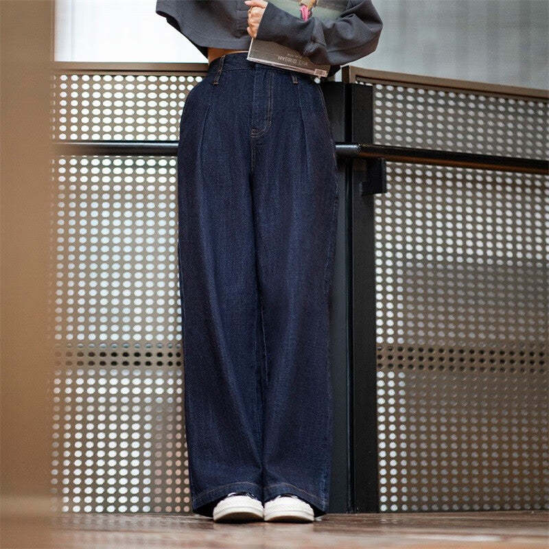 馬登女裝 美式復古水洗藍牛仔闊腿褲直筒休閒褲高腰顯瘦牛仔褲