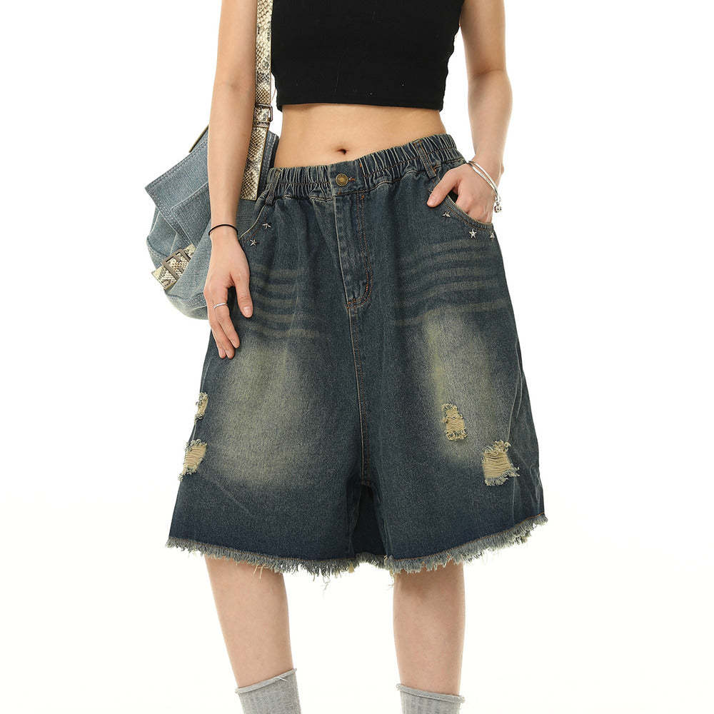 美式水洗破洞牛仔短褲女鬆緊腰寬鬆百搭闊腿五分褲