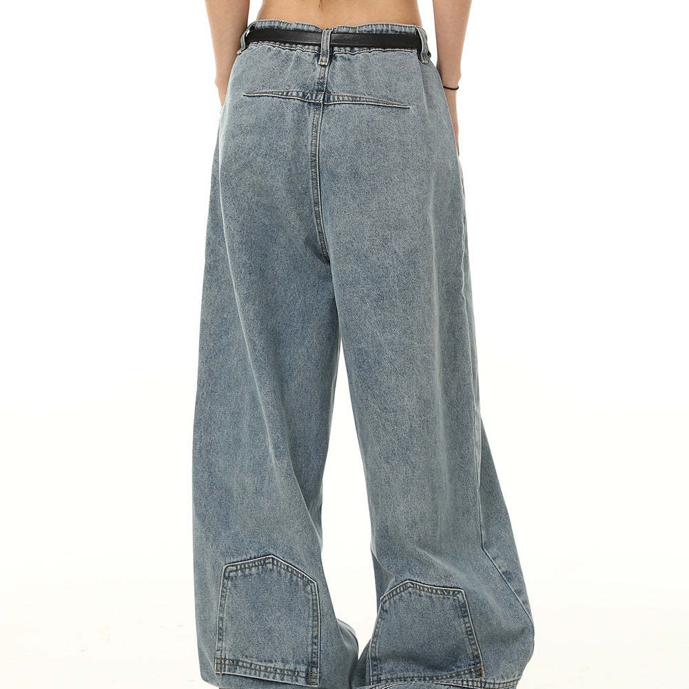 美式復古設計感倒裝牛仔褲女水洗闊腿寬鬆長褲