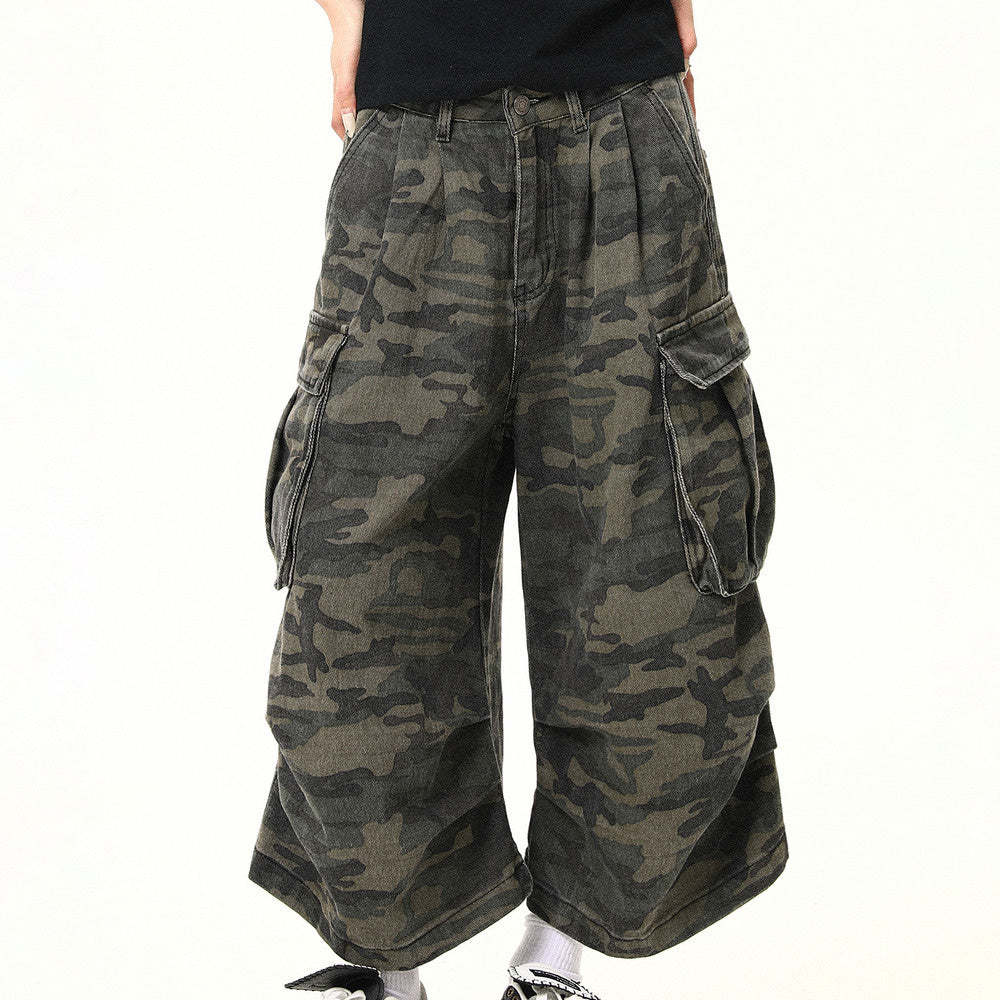 美式復古迷彩工裝褲女寬鬆直筒闊腿七分短褲