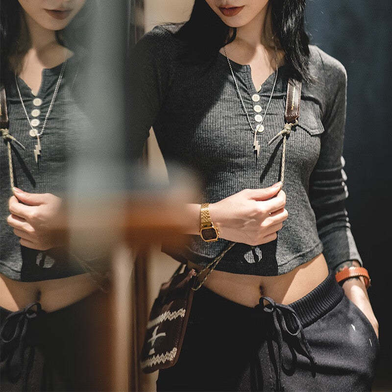 馬登女裝 美式復古bm針織長袖T恤圓弧下擺修身顯瘦短款打底亨利衫