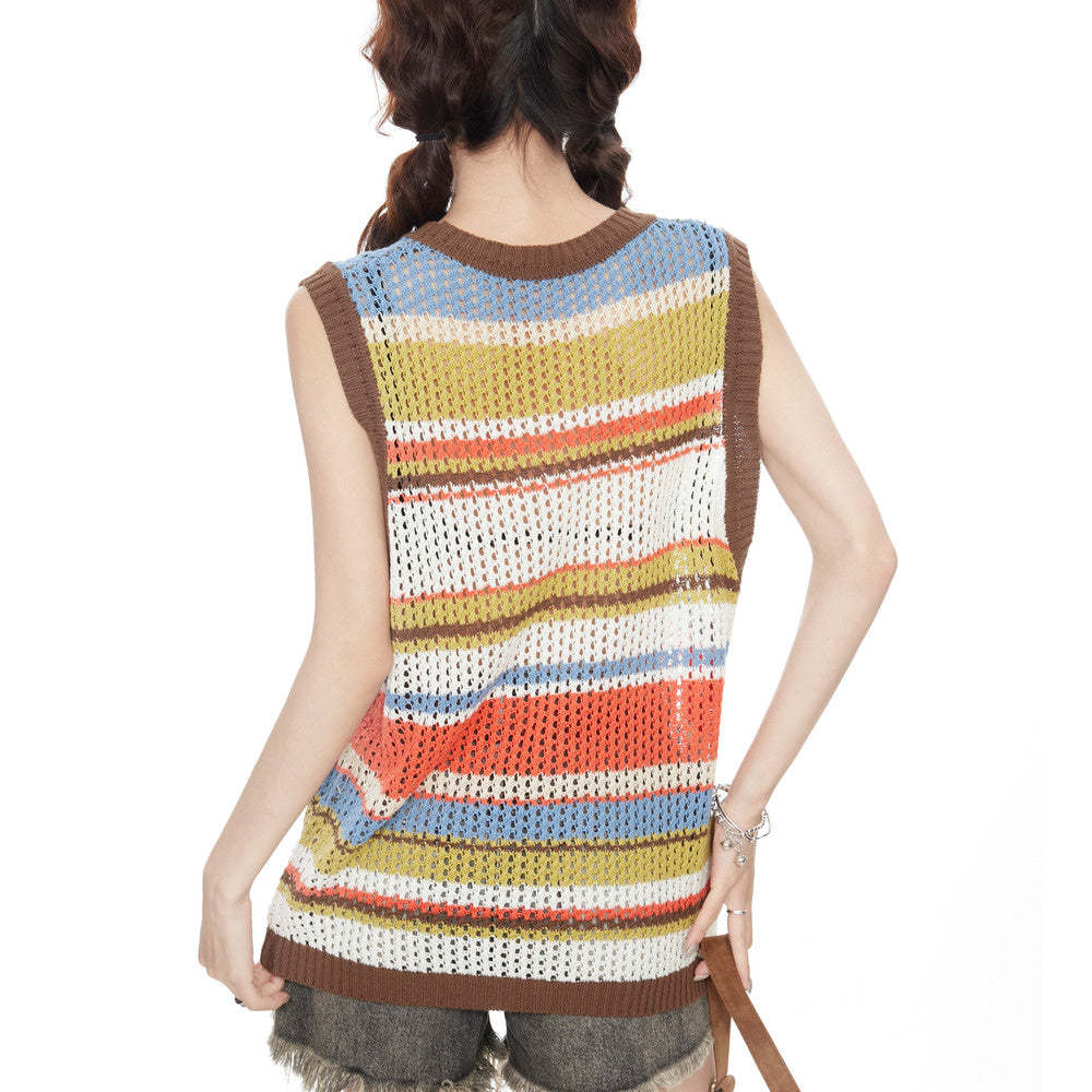 美式復古鏤空條紋針織吊帶背心女夏季多巴胺內搭辣妹無袖外穿上衣