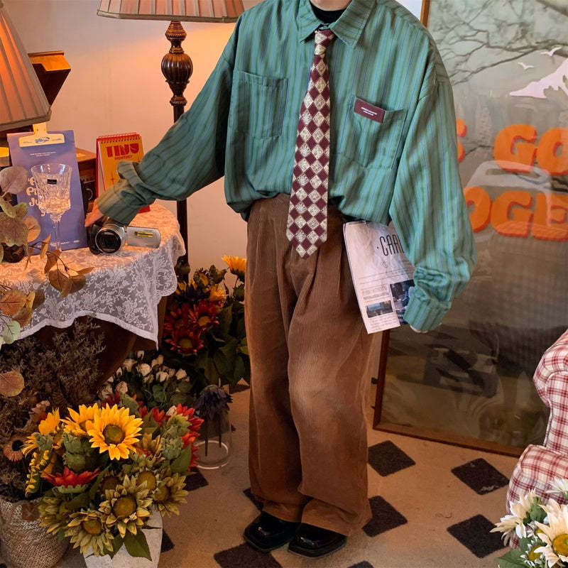 日系復古豎條紋襯衫秋裝新款寬鬆慵懶襯衣防曬長袖