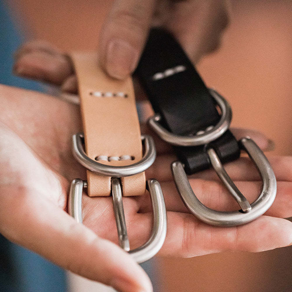 馬登女裝 植鞣頭層真牛皮小皮帶牛仔褲簡約雙環裝潢細黑色腰帶