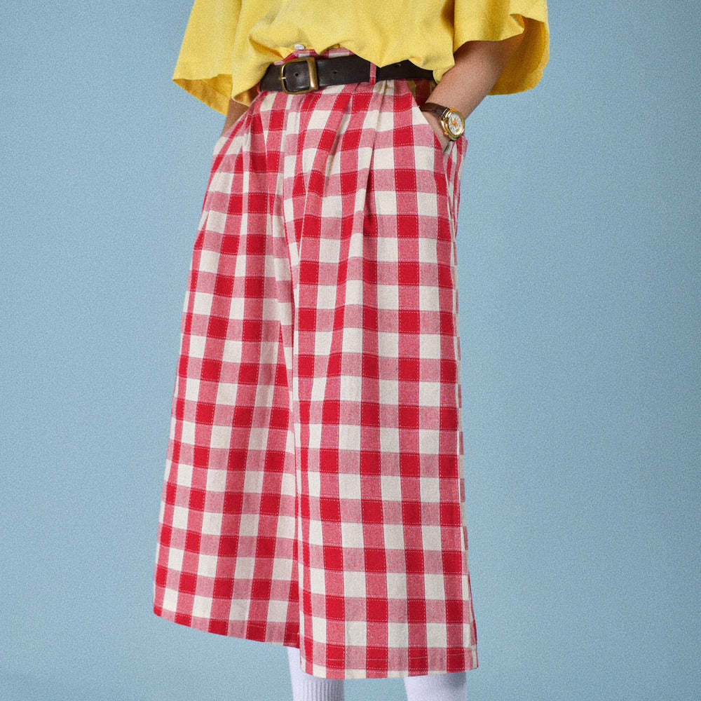 日系復古格子寬鬆休閒男女夏季鬆緊褲百搭闊腿情侶七分褲