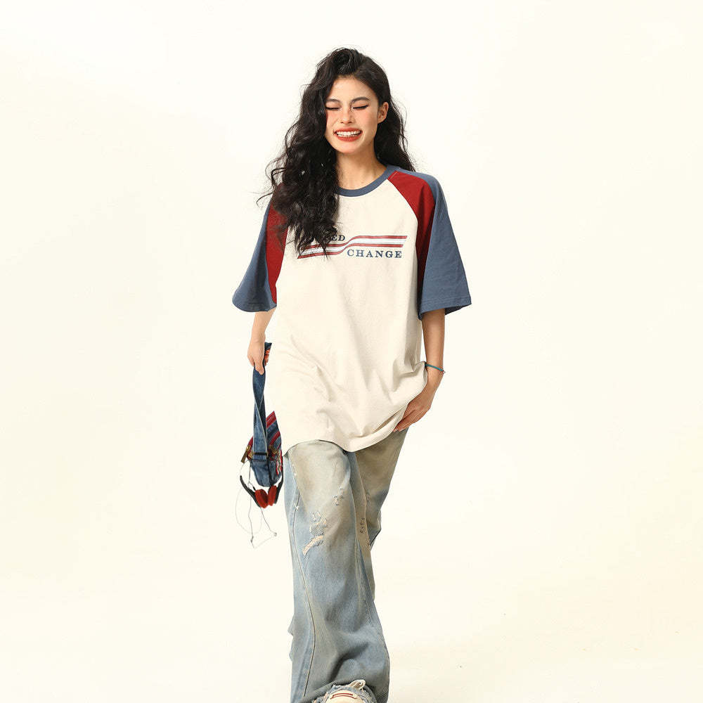 美式復古拼接撞色插肩袖短袖T恤女寬鬆百搭tee