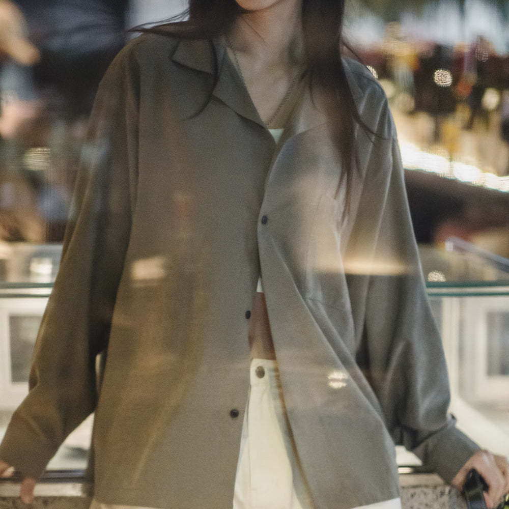 馬登女裝 桃皮絨古巴領長袖襯衫疊穿小眾設計感上衣春季襯衣