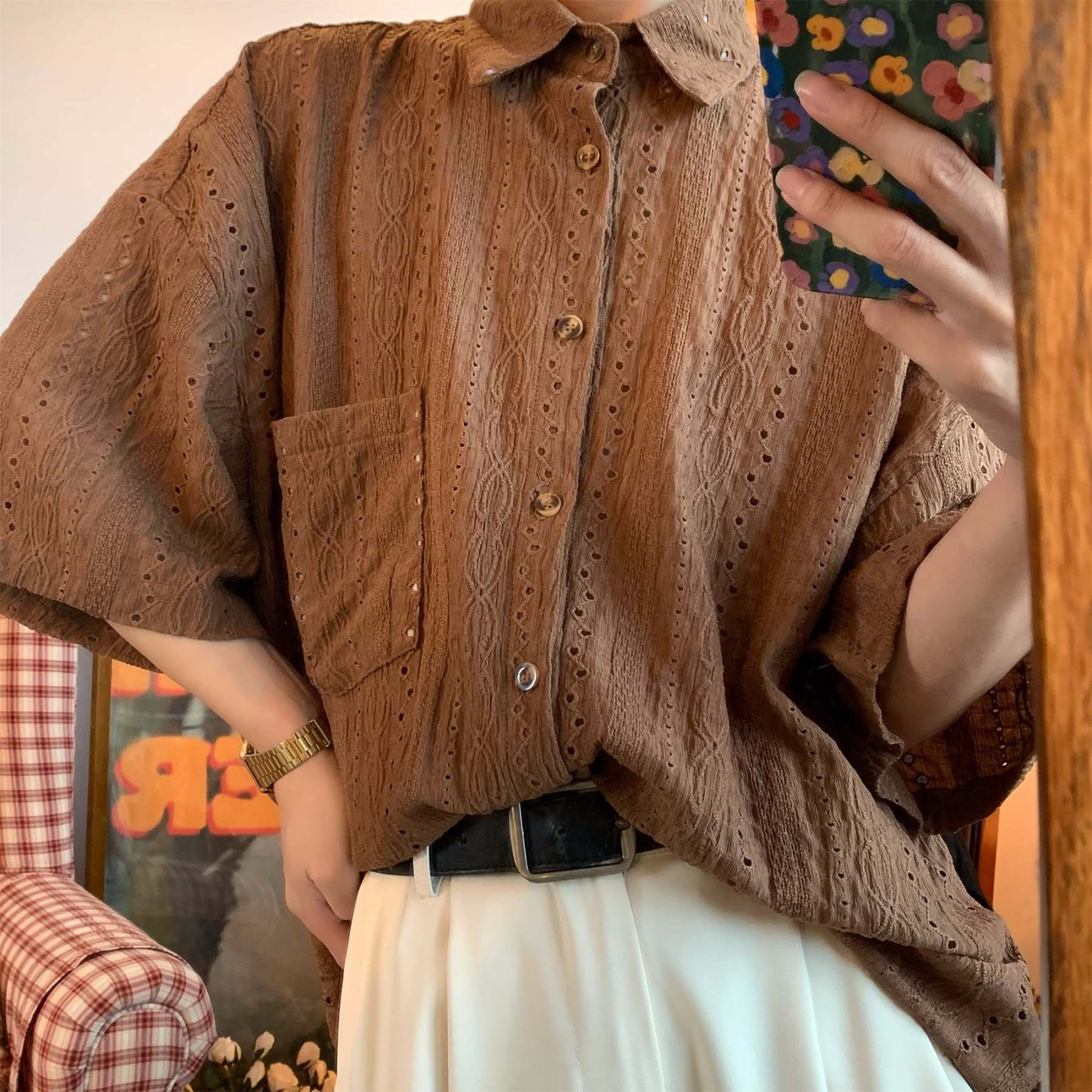 日系復古簡約慵懶鏤空短袖襯衫夏輕奢設計感小眾中性襯衣