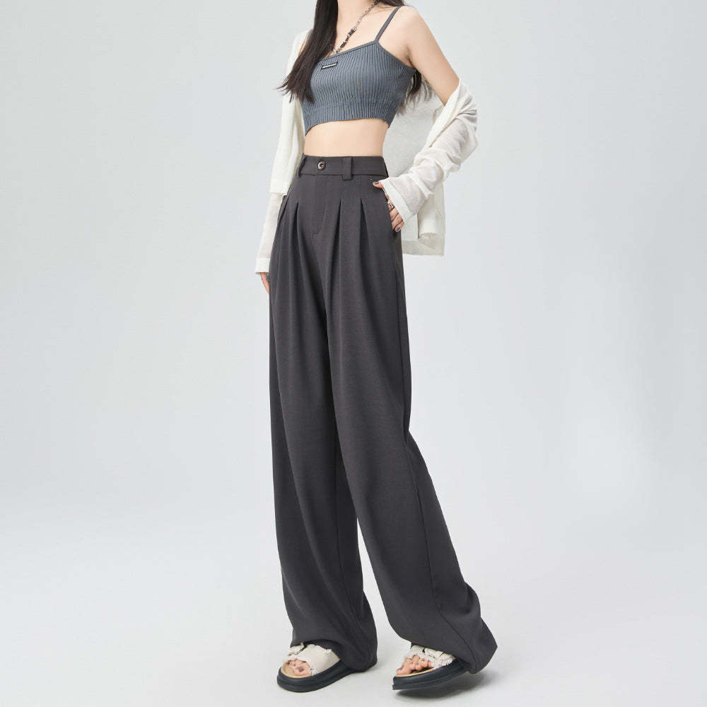 春季新款西褲小個子高腰垂感寬鬆直筒大碼雅痞休閒闊腿褲