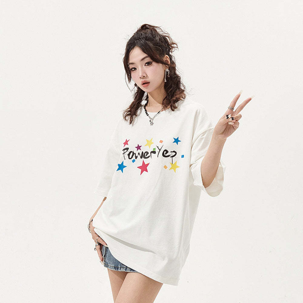 白色印花短袖t恤女夏季新款美式復古情侶寬鬆oversize上衣