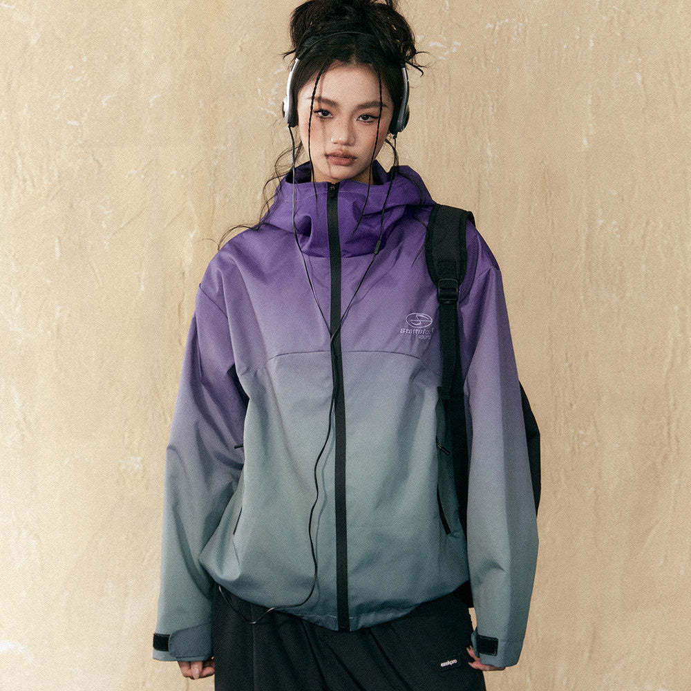 紫色漸變衝鋒衣女新款春季戶外山系防水登山服外套女