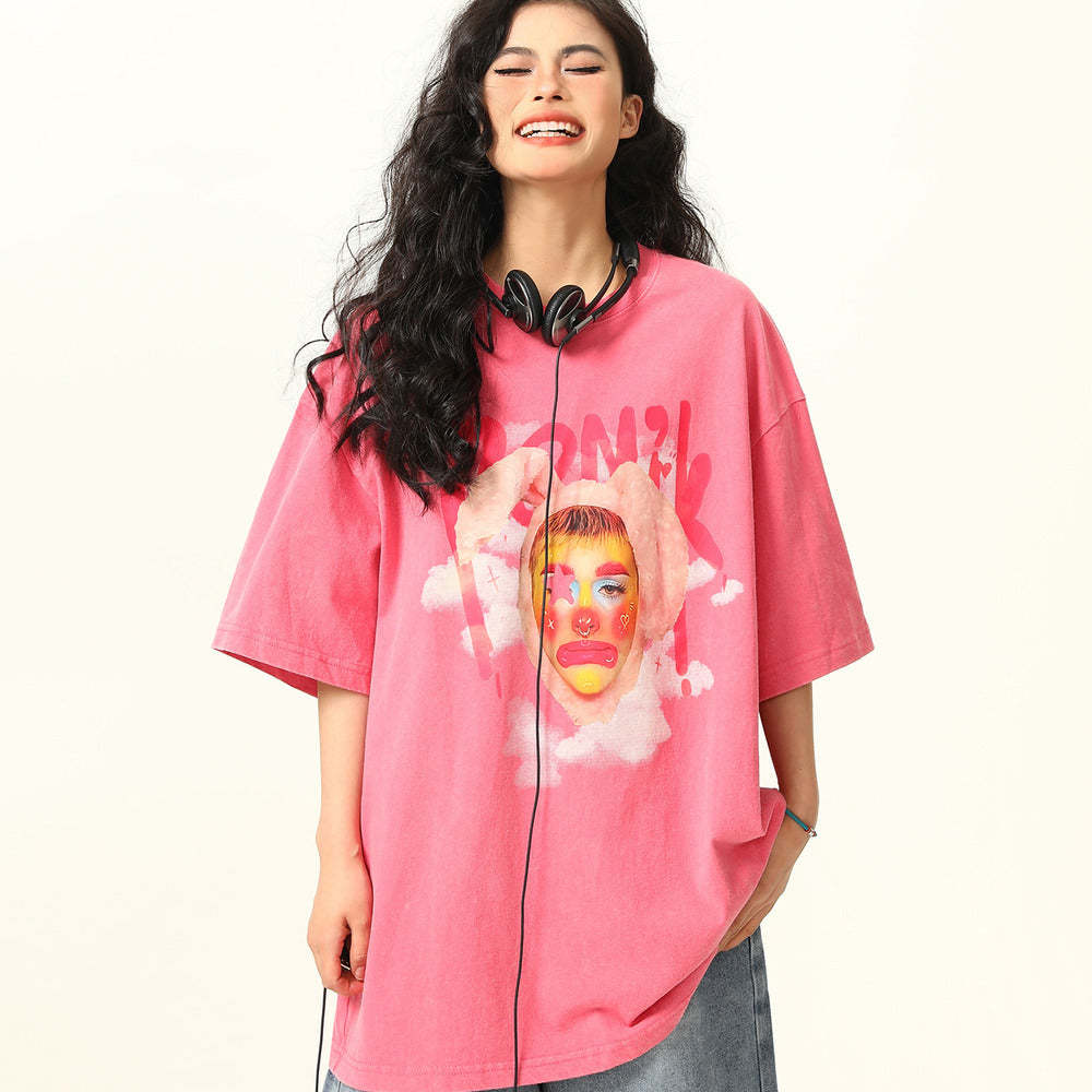 美式復古街頭小丑印花短袖T恤女寬鬆做舊水洗粉色T恤