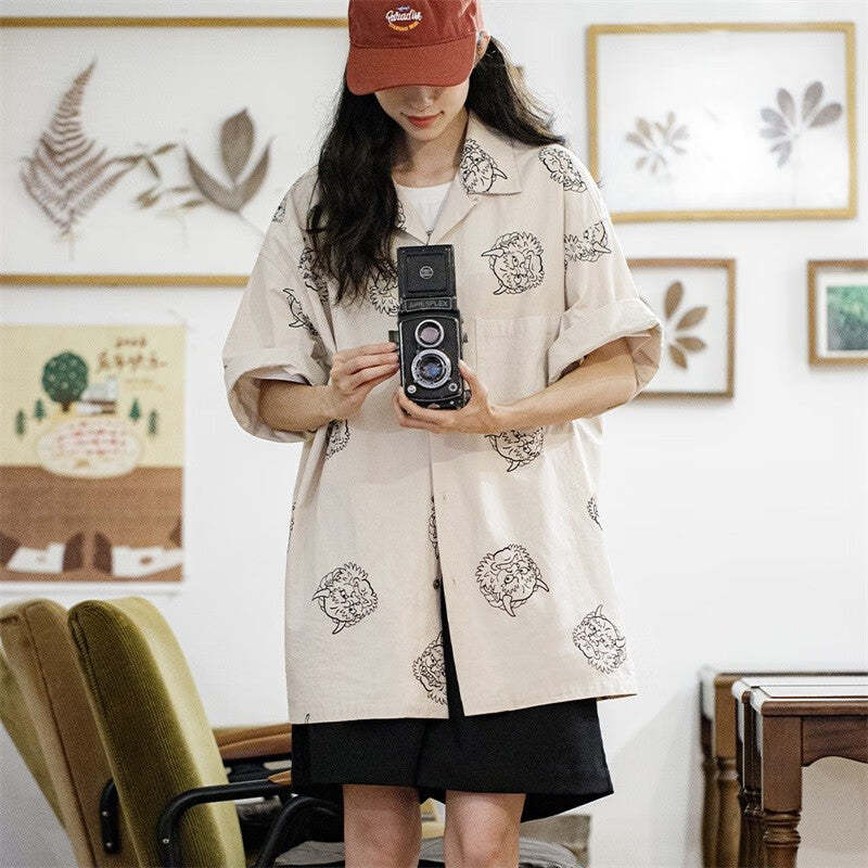 馬登女裝 日式復古印花襯衫夏季純棉休閒寬鬆短袖襯衣小眾上衣外套